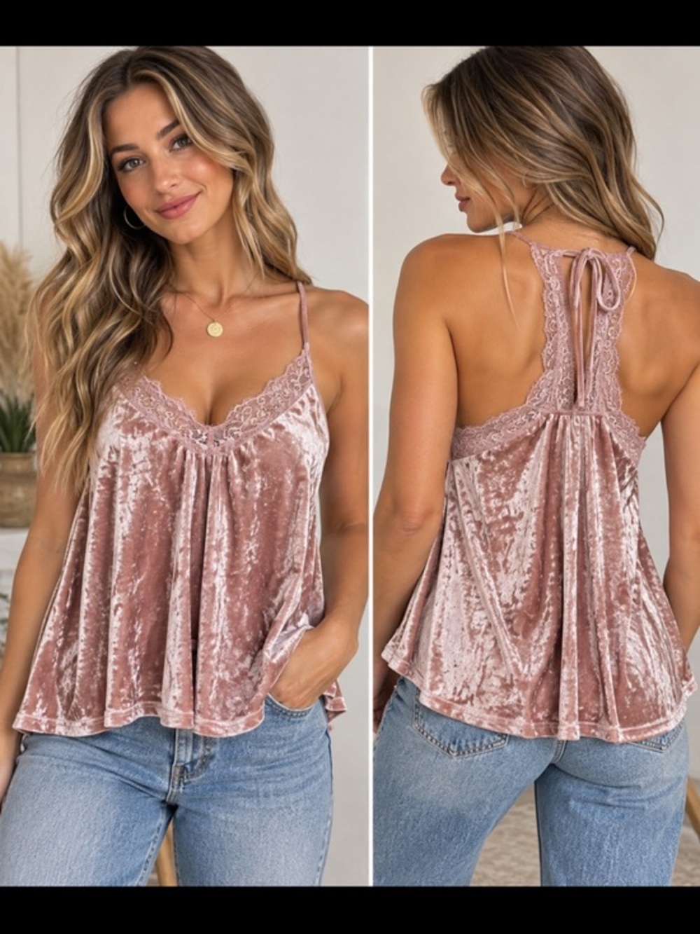 Illa Illa Blush Pink Crushed Velvet Lace Racerback Tank Top Small